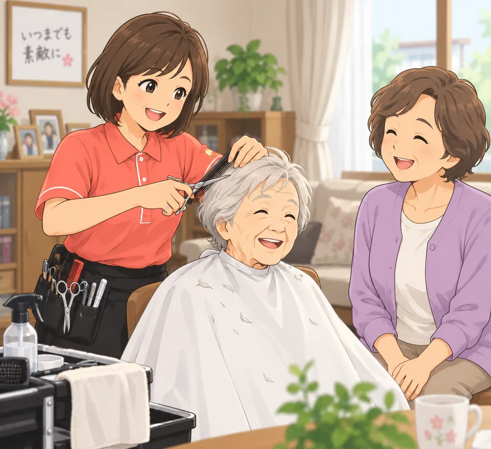 笑顔の高齢の女性の髪をカットするスタッフと、見守るご家族