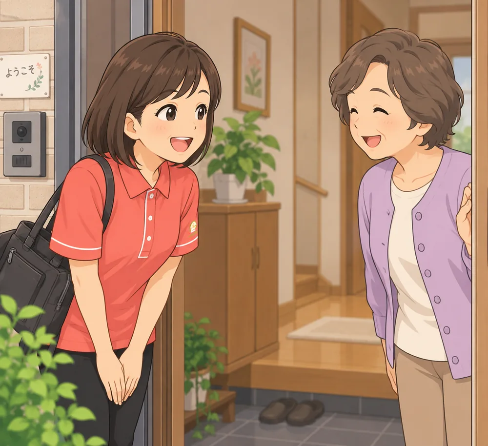 ご自宅の玄関でご家族にあいさつするスタッフ